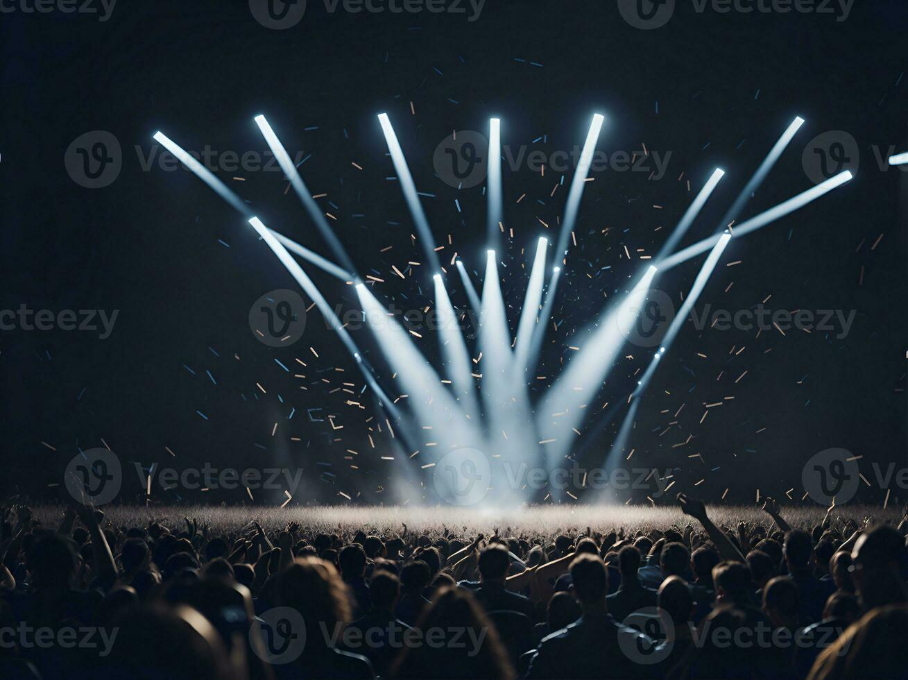 Crowd at a concert with hands up. Scene stage lights, rock festival. photo