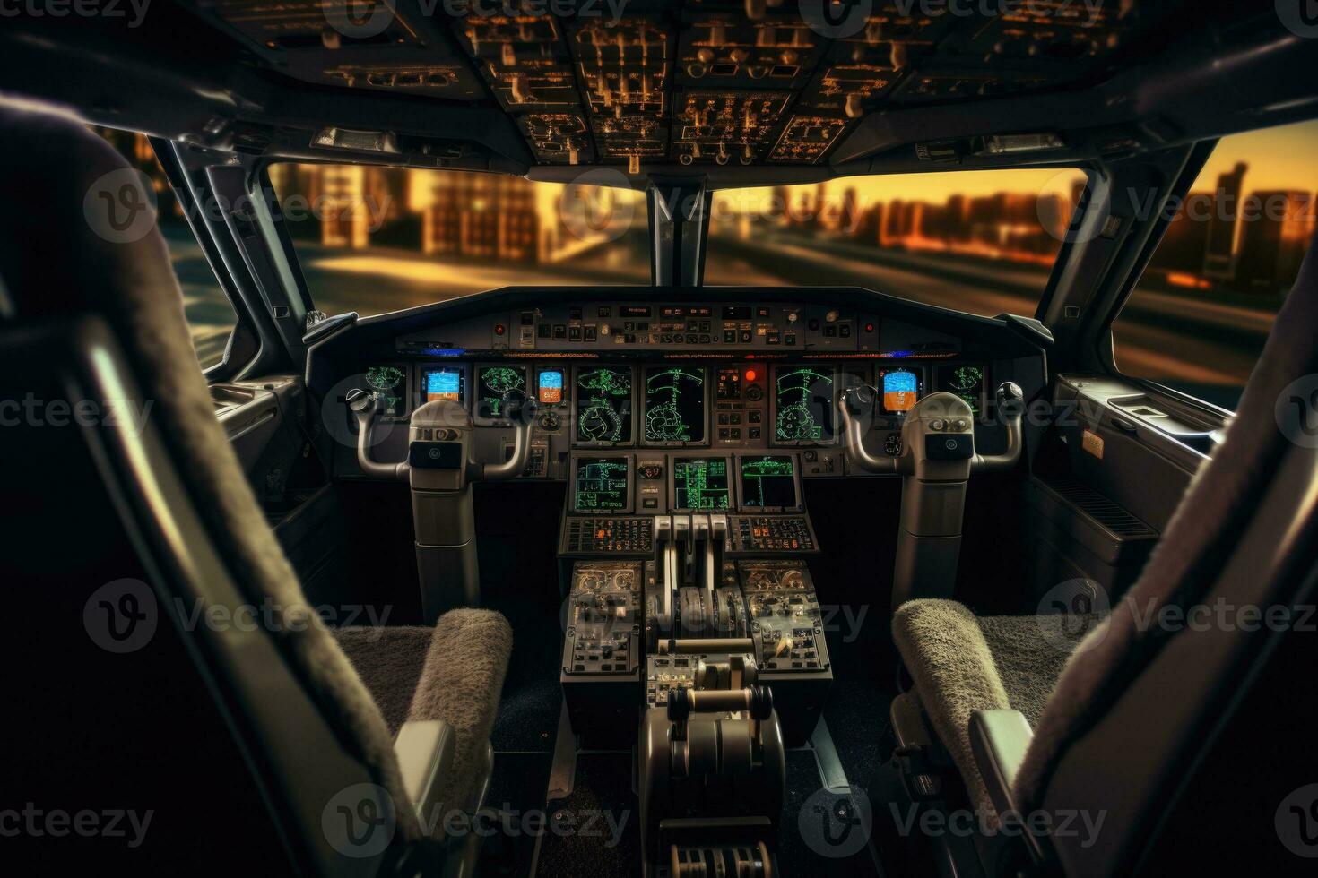 Cockpit of modern civil airplane. Plane cabin. Generative AI photo