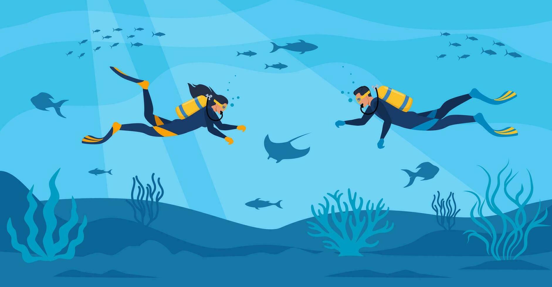 Divers with diving equipment swim in the sea. Seascape banner with people underwater. Characters wearing wetsuit with oxygen tanks and fins. Underwater world. Vector illustration.