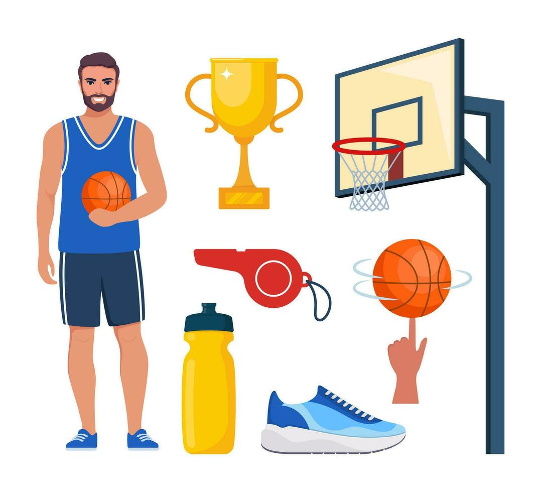 Basketball Elements, set. Various Equipment for Basketballs. Basketball player, ball, basket, sneakers, cup, whistle. Vector illustration.