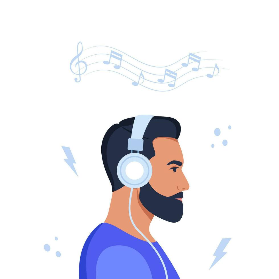 joven hombre con auriculares escuchando a música. concepto de relajación, bueno ánimo, descansar. vector ilustración.