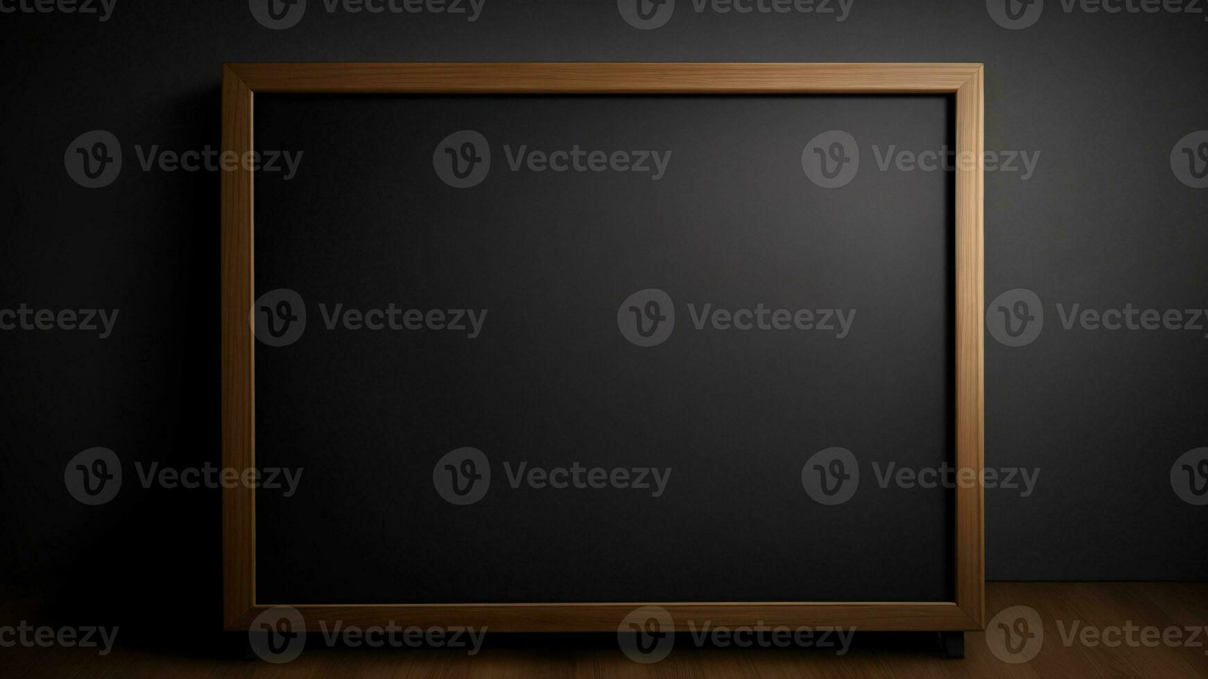 Blank blackboard in dark room with wooden frame. 3D render ai generated photo