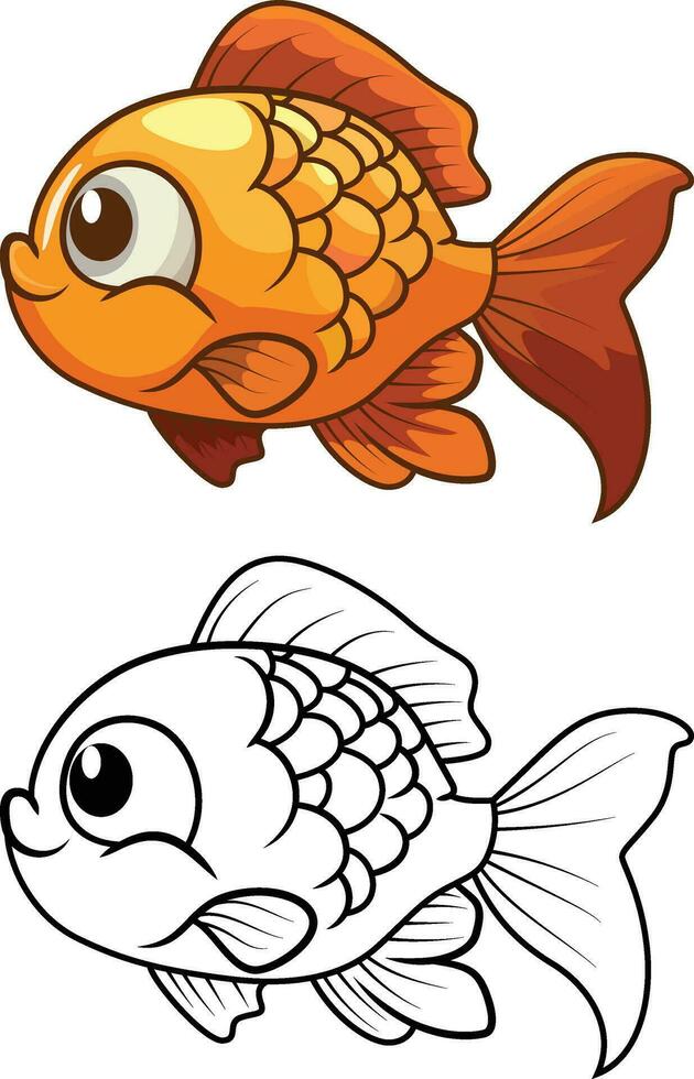 Goldfish cartoon vector illustration, Golden fish Carassius auratus fish , fresh water aquarium fish colored and black and white stock vector image