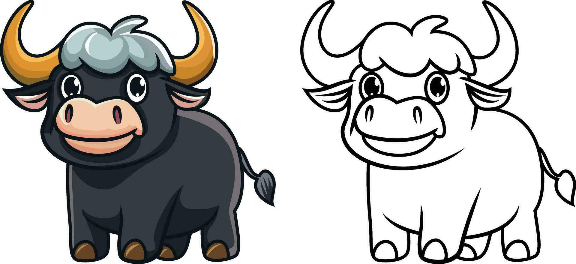 Cute buffalo cartoon vector illustration, black Bull colored and black and white line artwork stock vector image