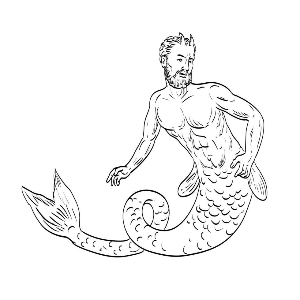 Merman Swimming Front View Medieval Drawing vector