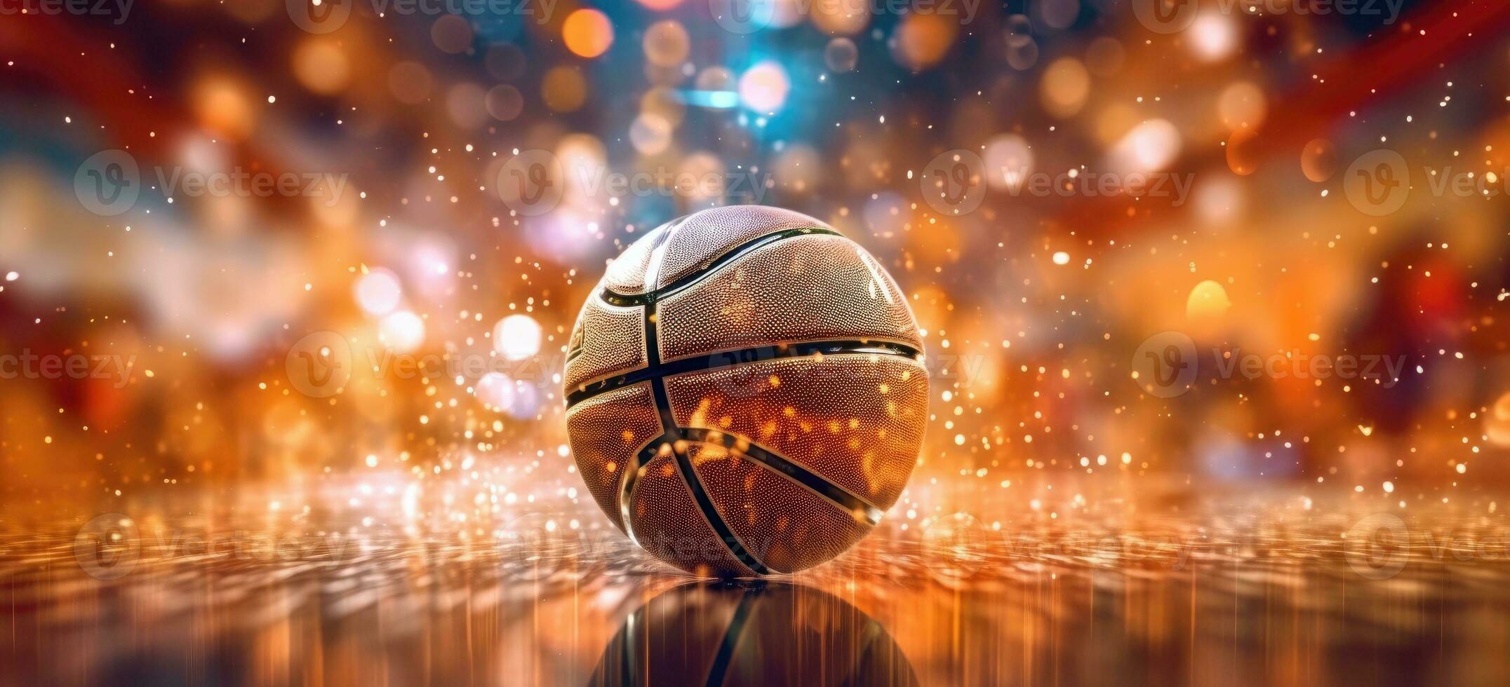Close-up view of glowing basketball ball on wet floor and 3d court. Generative AI photo
