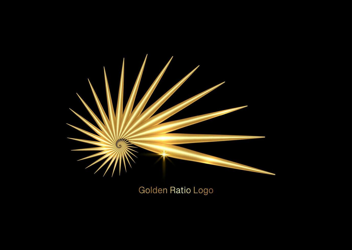 3D seashell nautilus, gold logo. Golden Ratio with smooth shape. Can be used for advertising, marketing, presentation, card and flyer, technological science. Vector isolated on black background