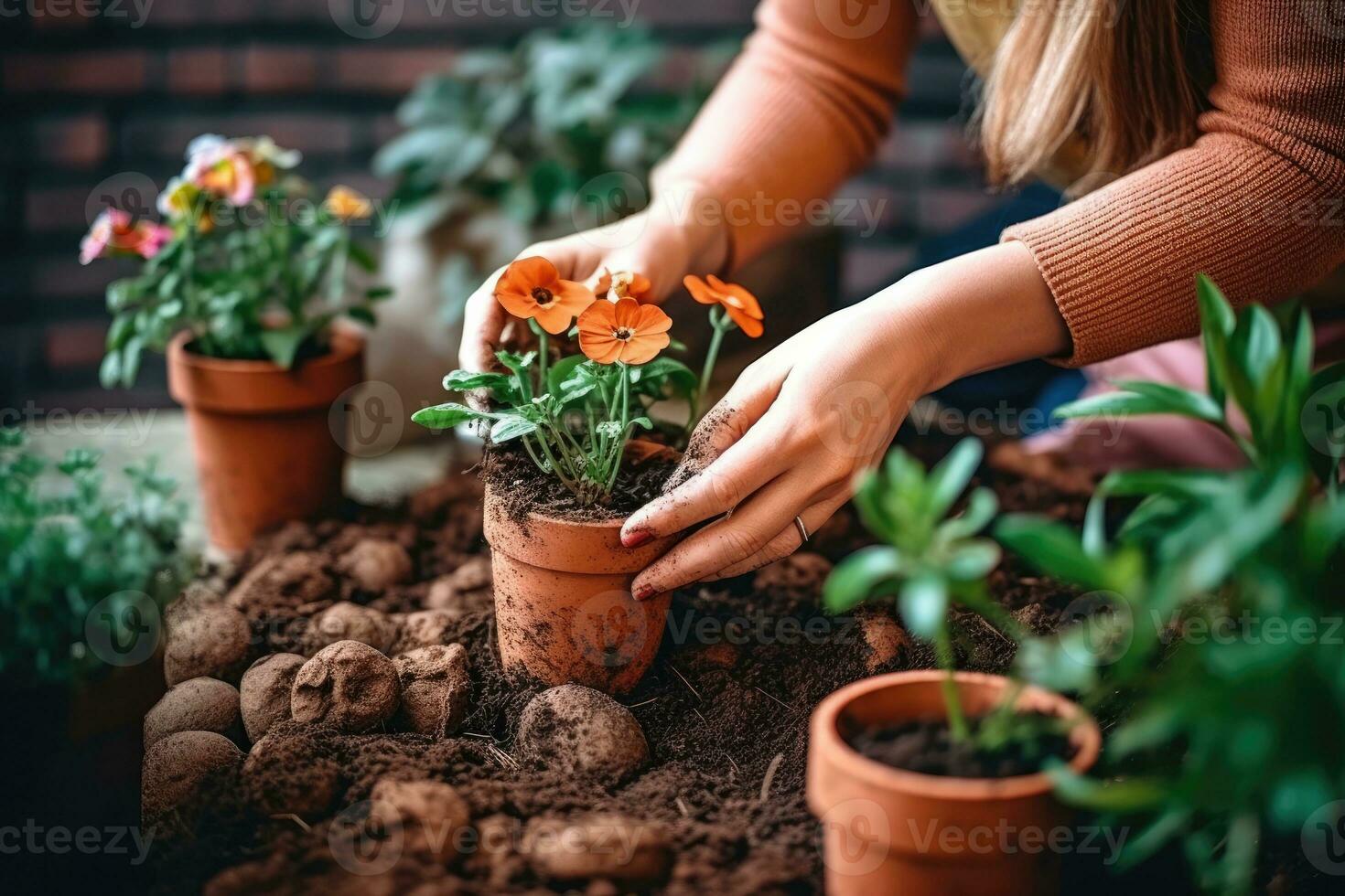 Photograph of a woman in garden gloves planting flowers to grow flowers in her garden. Generative AI photo