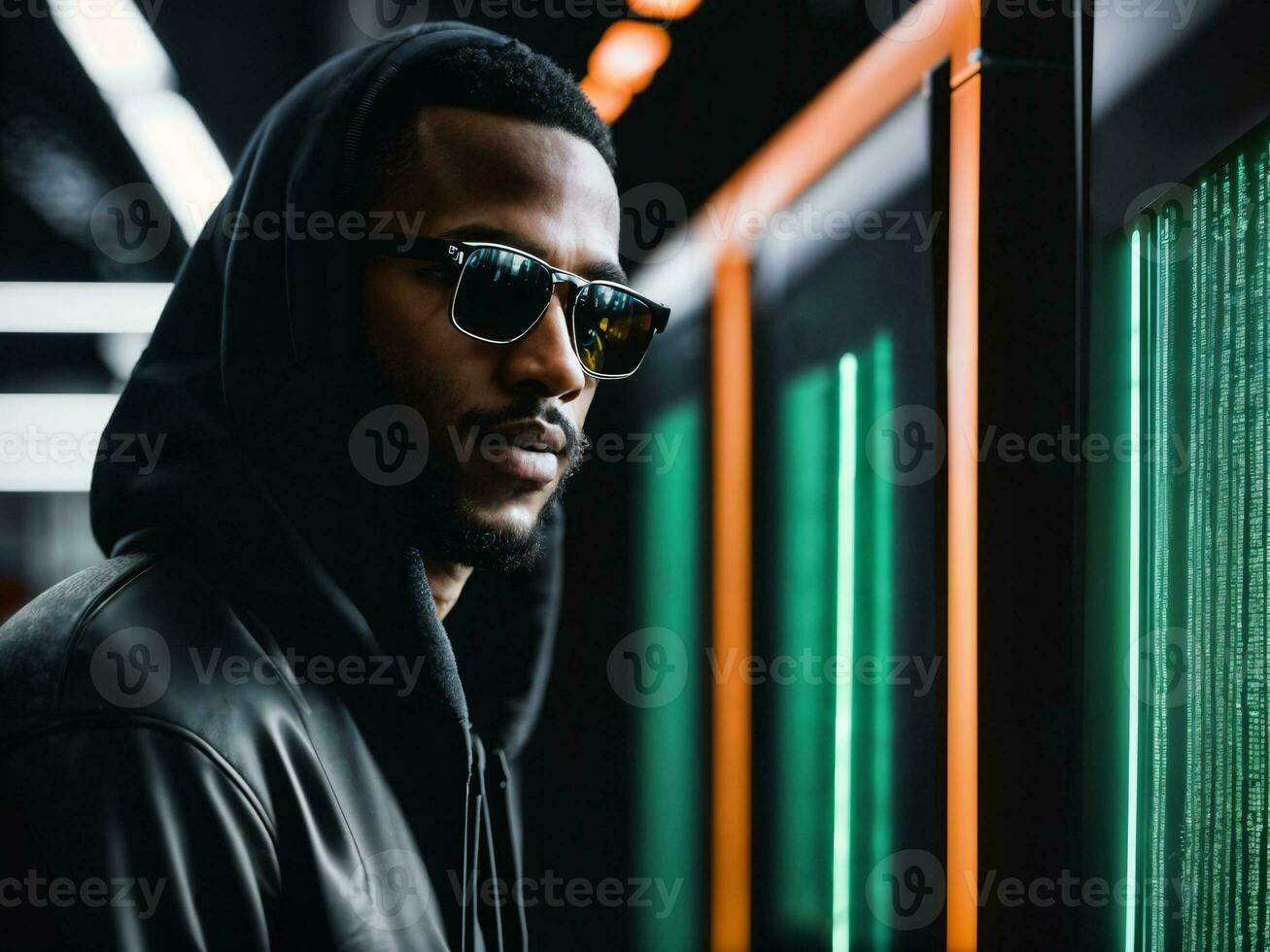 photo of black man in black hoodie in server data center room with neon light, generative AI