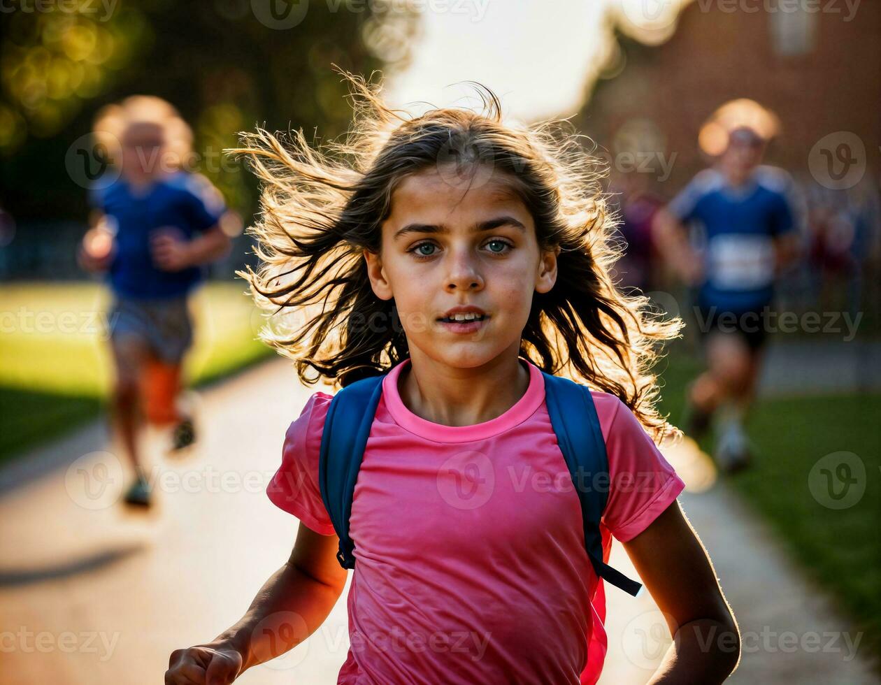 foto de niña niños corriendo carrera deporte a escuela, generativo ai