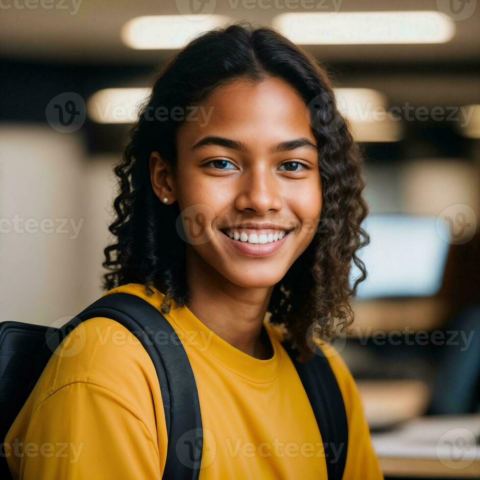 portrait close up of happy young teenage at the working office space, generative AI photo