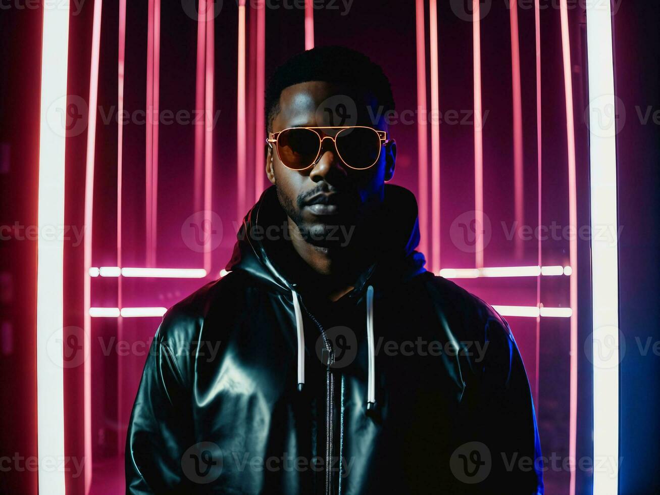 photo of black man in black hoodie in server data center room with neon light, generative AI