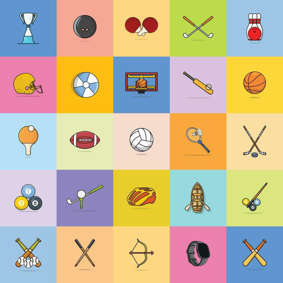 Collection of Sports Game equipment vector icon illustration. Sport object icon concept. Set of Sport objects and symbols design.