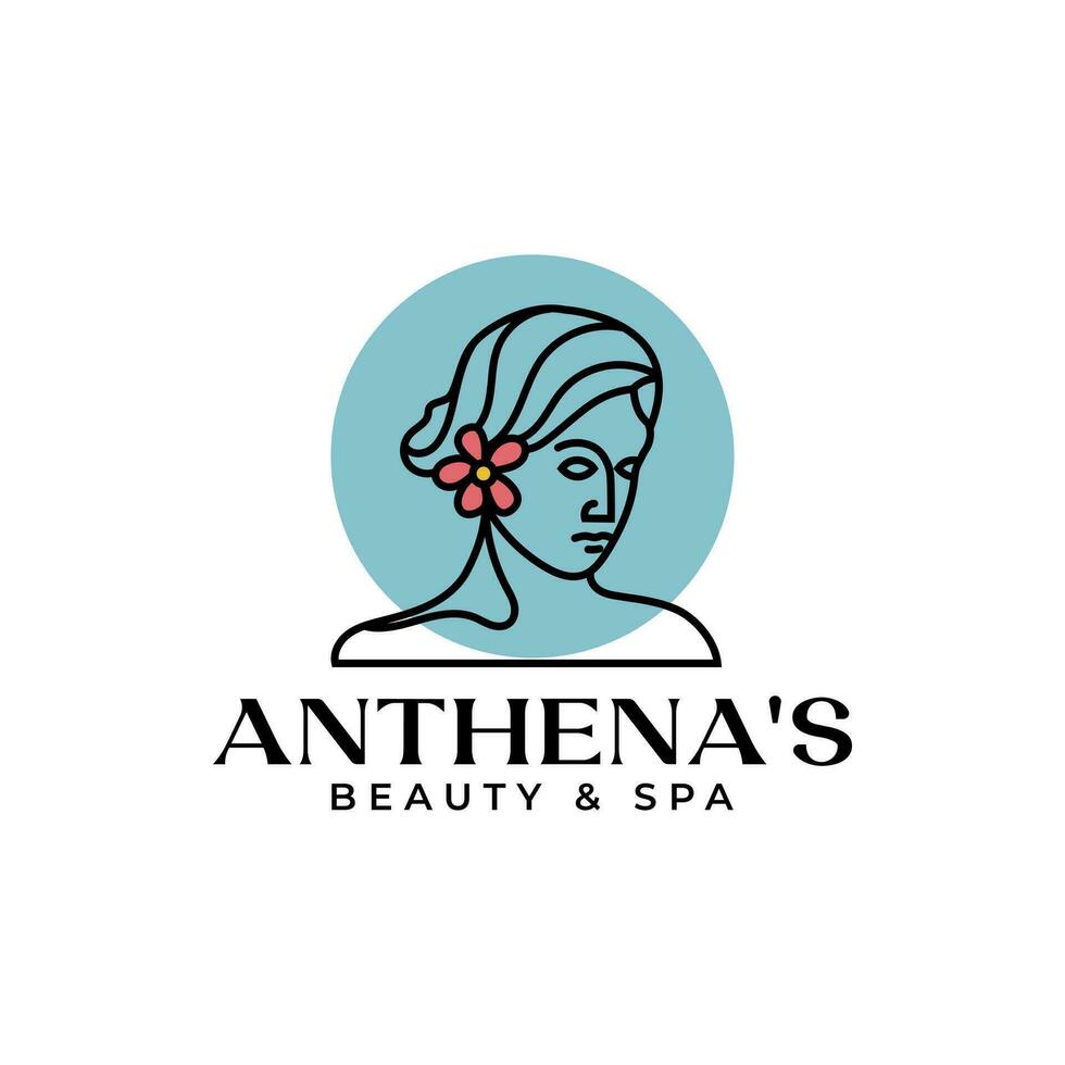 Mono line logo illustration of queen athena and flowers. vector