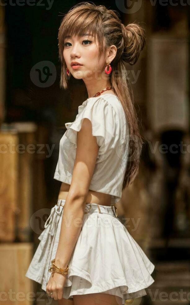 photo of teenage playful asian woman with accessories and mullet hairstyle, generative AI