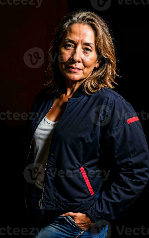 photo of beautiful woman with mixed red and blue lighting , generative AI