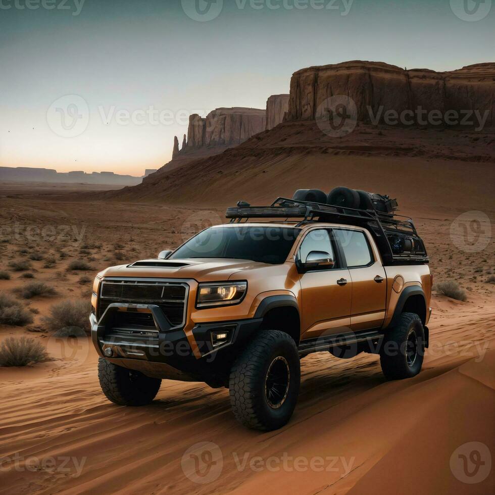 photo of truck in hot sand desert, generative AI