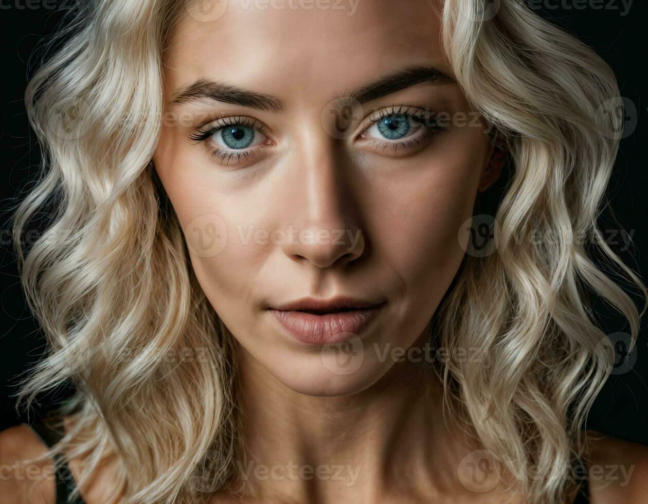 photo of close up beautiful european woman with blonde hair color in black background, generative AI
