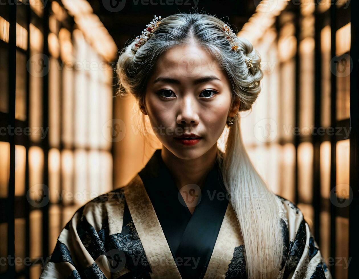 photo close up of beautiful european geisha woman in black background, generative AI