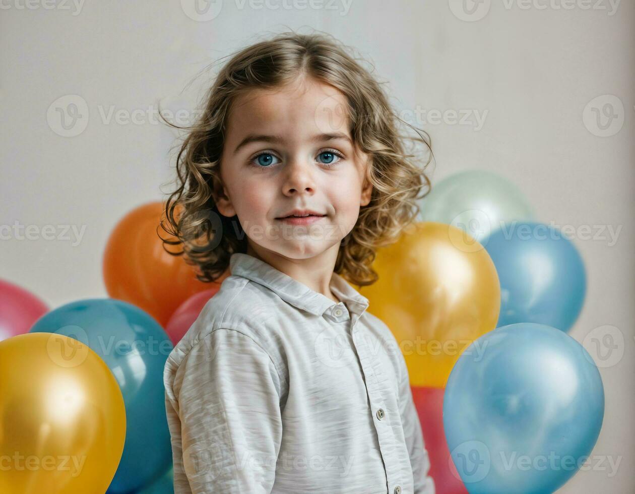 photo photoshoot of kid with balloons on white background, generative AI