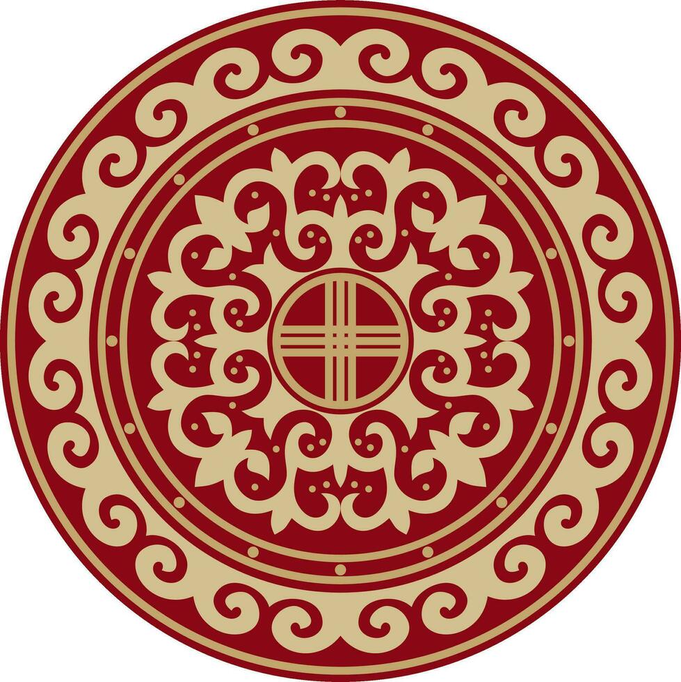 Vector red and gold round Kazakh national ornament. Ethnic pattern of the peoples of the Great Steppe, .Mongols, Kyrgyz, Kalmyks, Buryats. circle, frame border