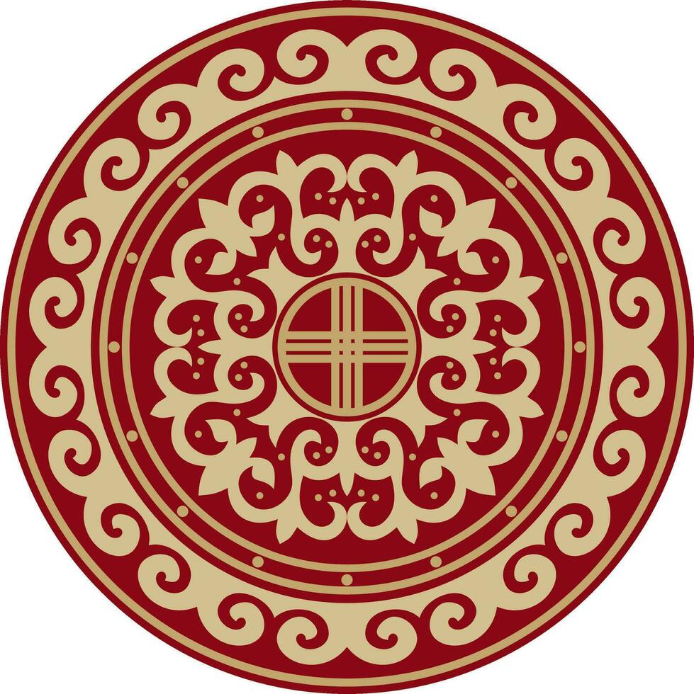 Vector red and gold round Kazakh national ornament. Ethnic pattern of the peoples of the Great Steppe, .Mongols, Kyrgyz, Kalmyks, Buryats. circle, frame border