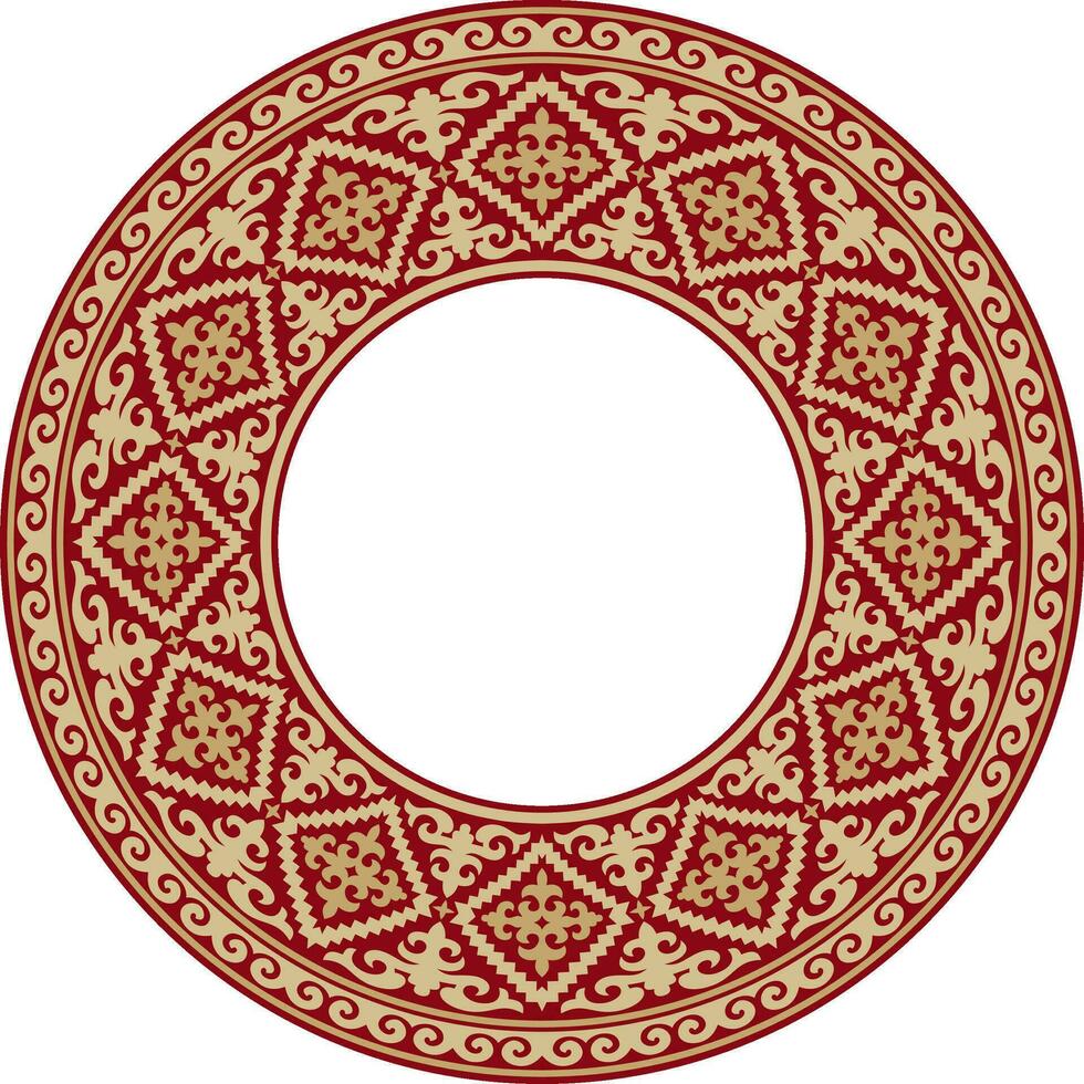 Vector red and gold round Kazakh national ornament. Ethnic pattern of the peoples of the Great Steppe, Mongols, Kyrgyz, Kalmyks, Buryats. circle, frame border