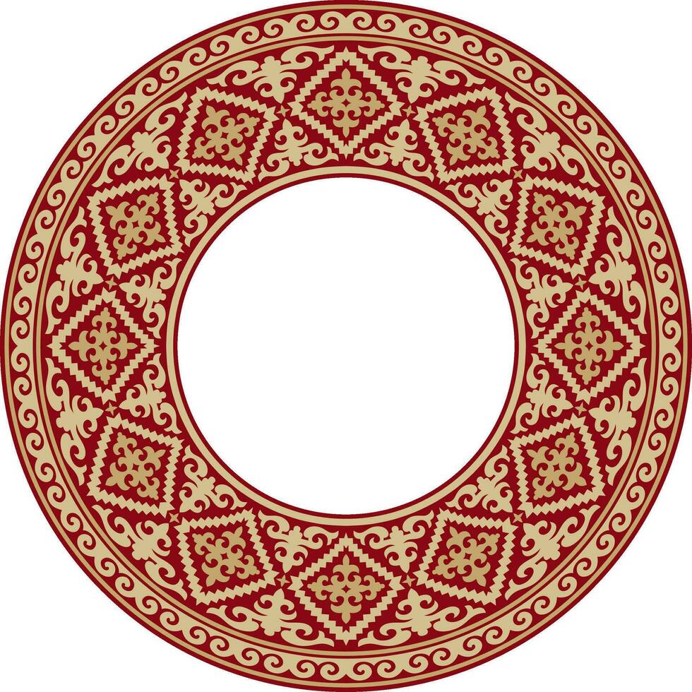 Vector red and gold round Kazakh national ornament. Ethnic pattern of the peoples of the Great Steppe, Mongols, Kyrgyz, Kalmyks, Buryats. circle, frame border