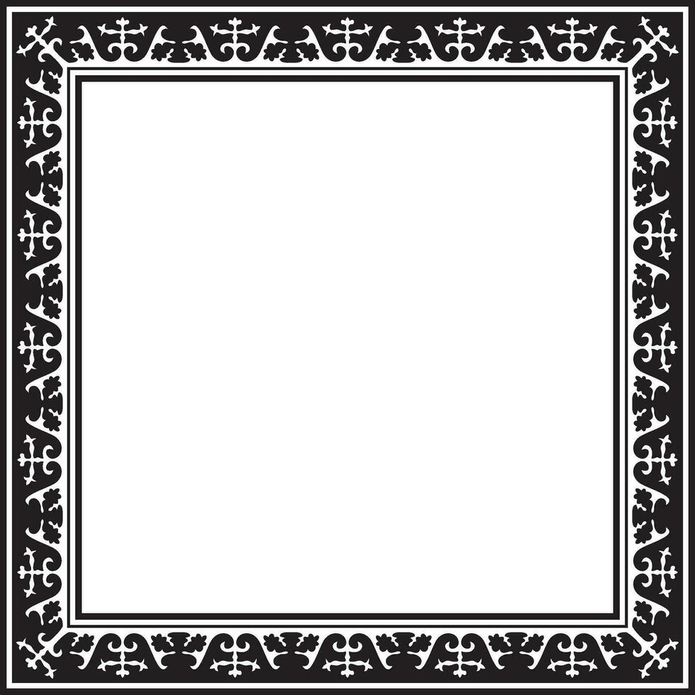 Vector black monochrome square Kazakh national ornament. Ethnic pattern of the peoples of the Great Steppe, Mongols, Kyrgyz, Kalmyks, Buryats. Square frame border