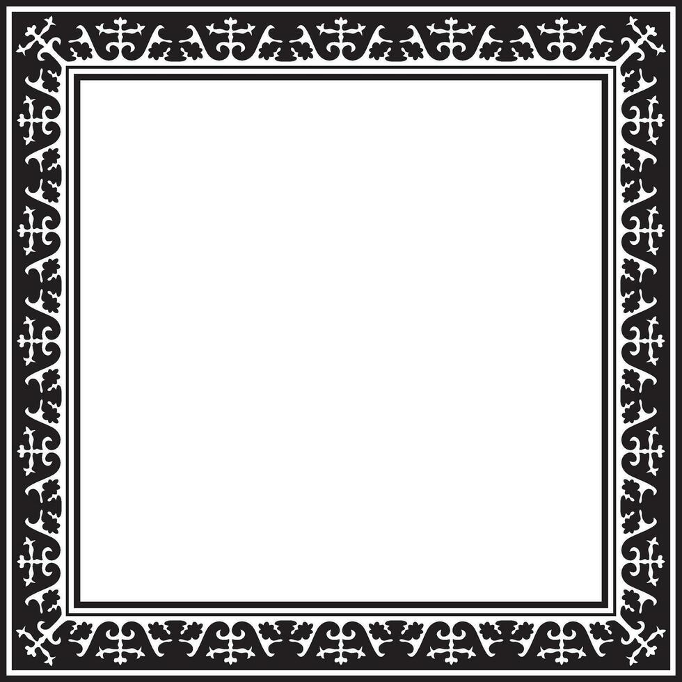 Vector black monochrome square Kazakh national ornament. Ethnic pattern of the peoples of the Great Steppe, Mongols, Kyrgyz, Kalmyks, Buryats. Square frame border