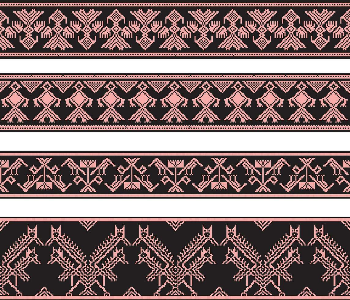 Vector set of pink and black Native American ornamental seamless borders. Framework of the peoples of America, Aztecs, Maya, Incas