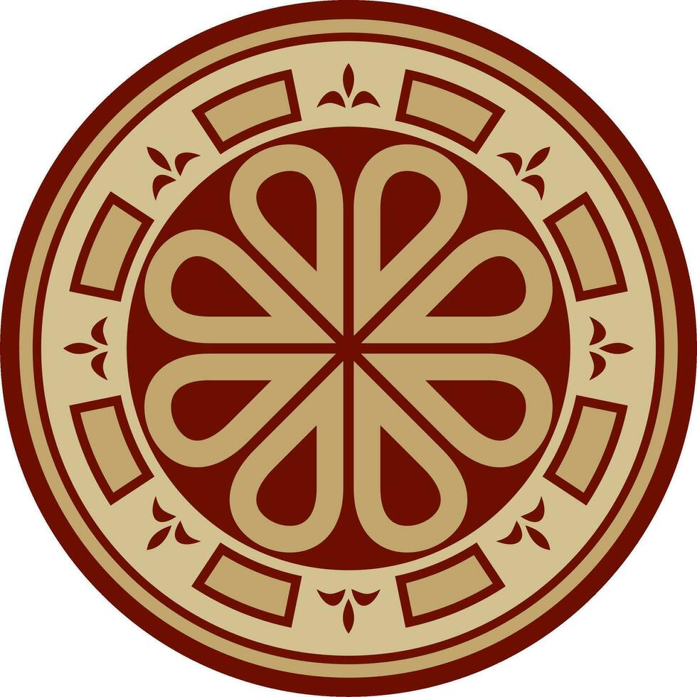 Vector gold and red round ancient Byzantine ornament. Classical circle of the Eastern Roman Empire, Greece. Pattern motifs of Constantinople