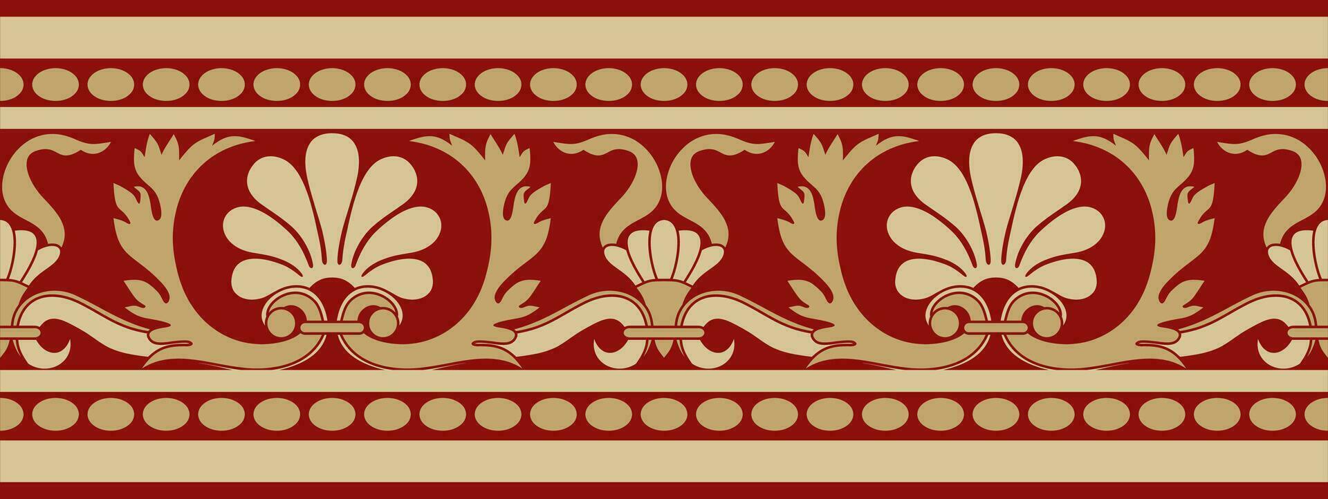 Vector gold and red seamless classic renaissance ornament. Endless european border, revival style frame