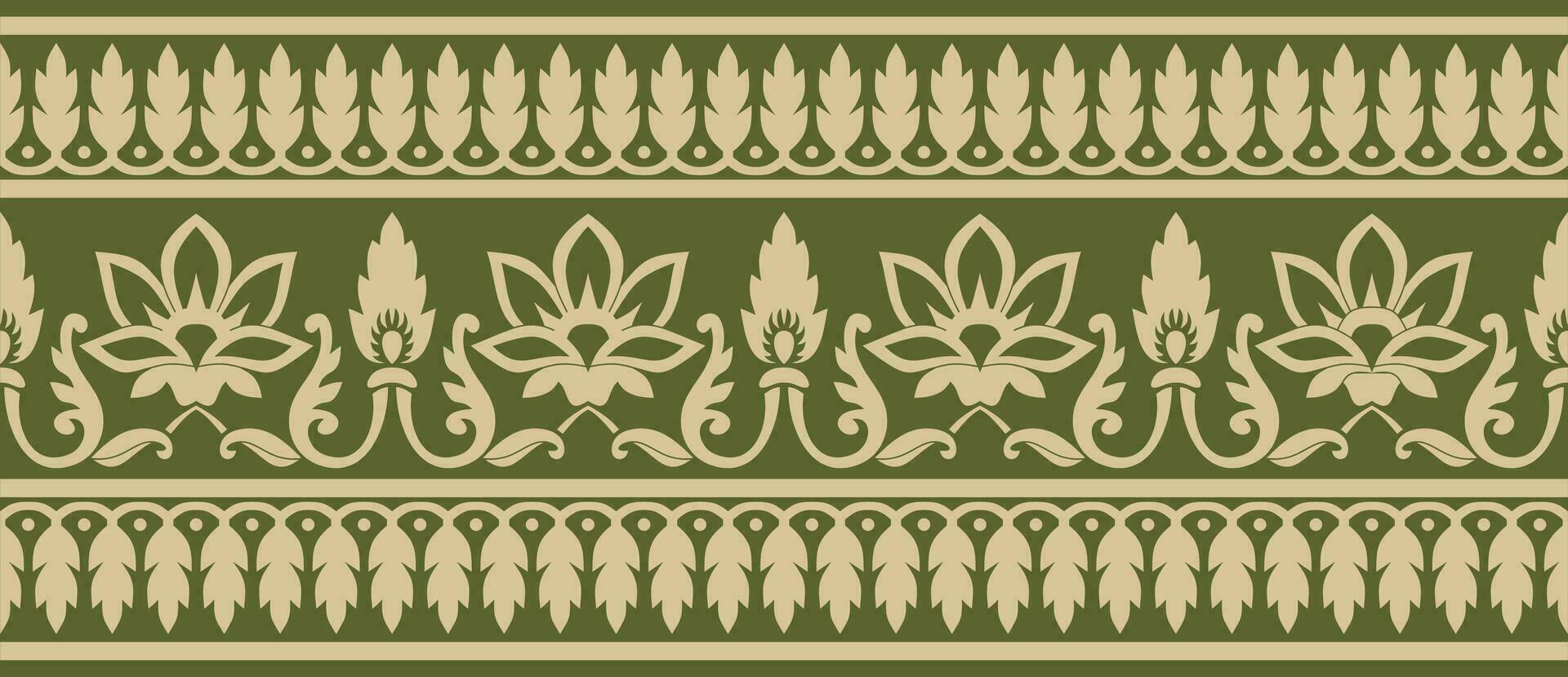Vector seamless gold and green Indian national ornament. Ethnic endless plant border.