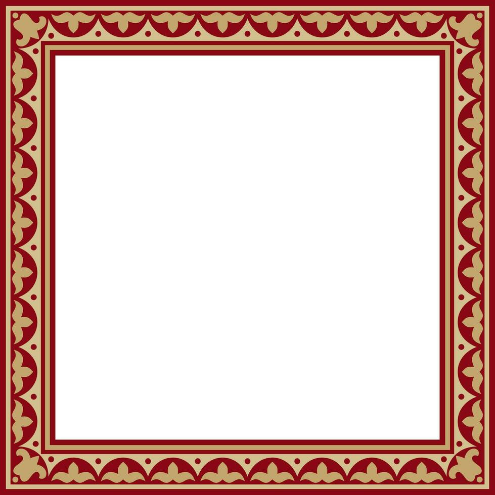 Vector red with gold Square Kazakh national ornament. Ethnic pattern of the peoples of the Great Steppe, .Mongols, Kyrgyz, Kalmyks, Buryats. Square frame border