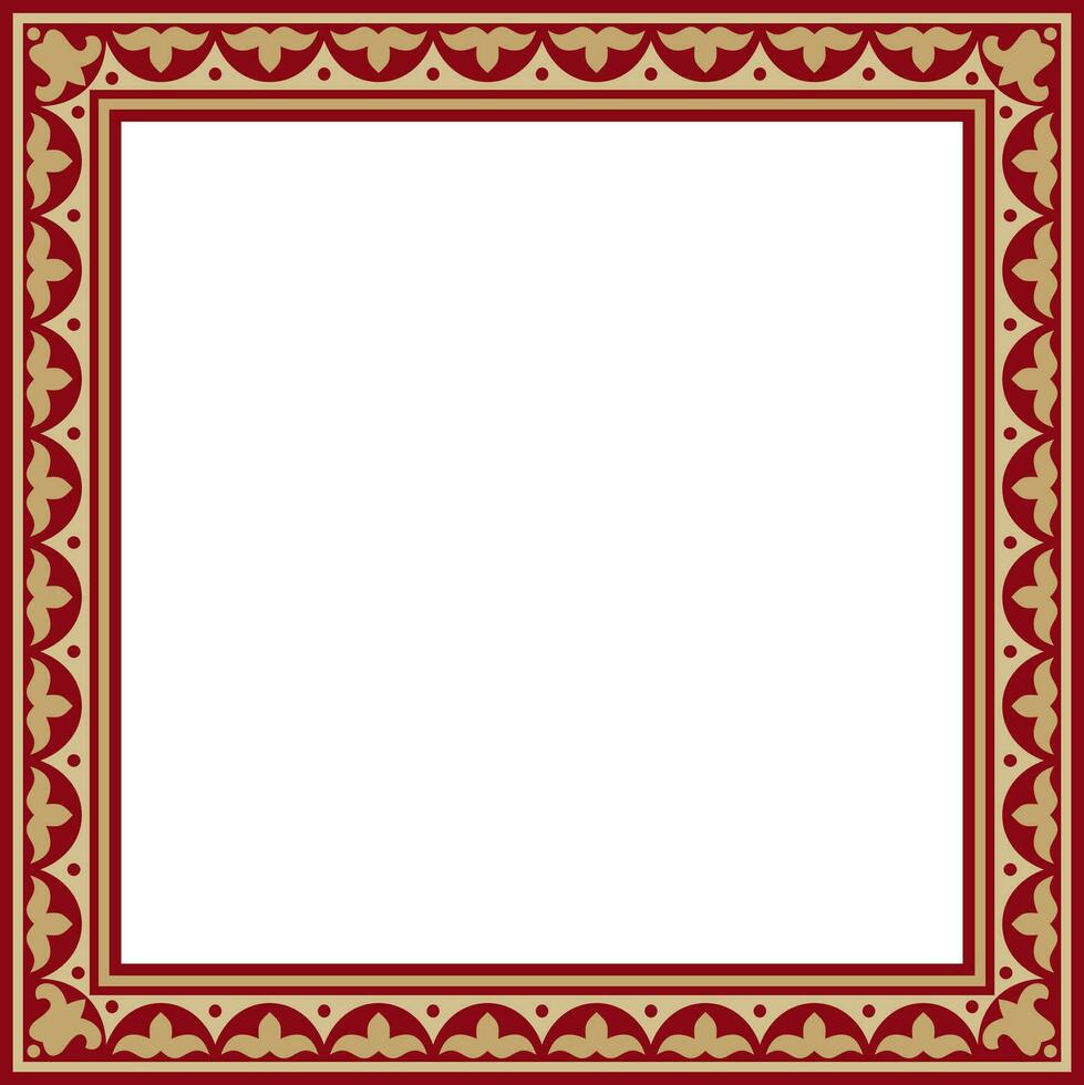 Vector red with gold Square Kazakh national ornament. Ethnic pattern of the peoples of the Great Steppe, .Mongols, Kyrgyz, Kalmyks, Buryats. Square frame border