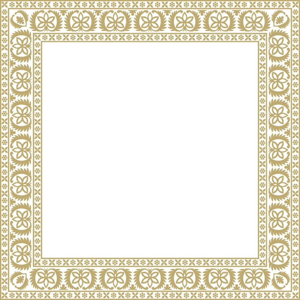 Vector square golden Indian national ornament. Ethnic plant border. Flowers frame. Poppies and leaves