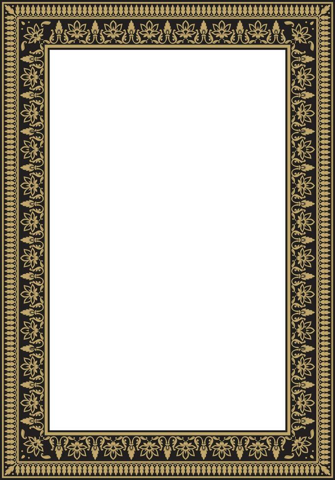 Vector square gold with black Indian national ornament. Ethnic plant border. Flowers frame. Poppies and leaves