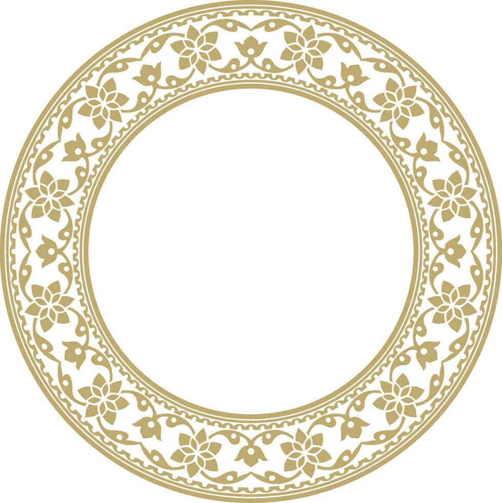 Vector round golden Indian national ornament. Ethnic plant circle, border. Frame, flower ring. Poppies and leaves