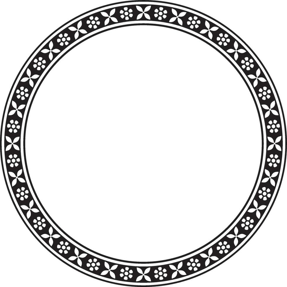 Vector round monochrome black Indian national ornament. Ethnic plant circle, border. Frame, flower ring. Poppies and leaves