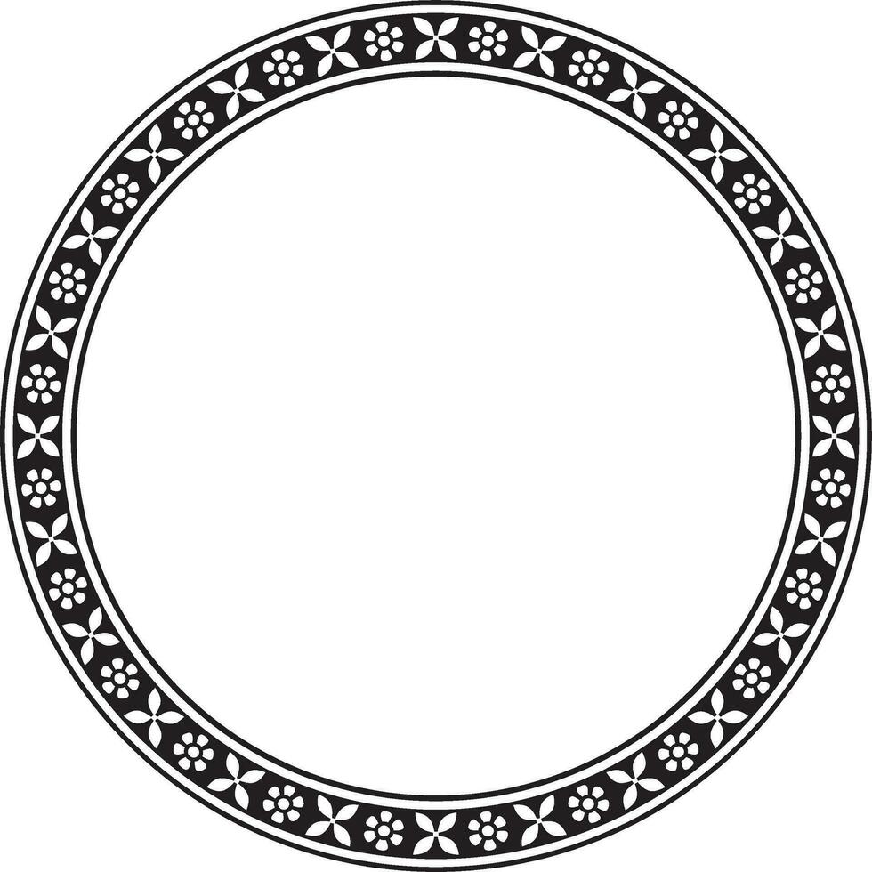 Vector round monochrome black Indian national ornament. Ethnic plant circle, border. Frame, flower ring. Poppies and leaves