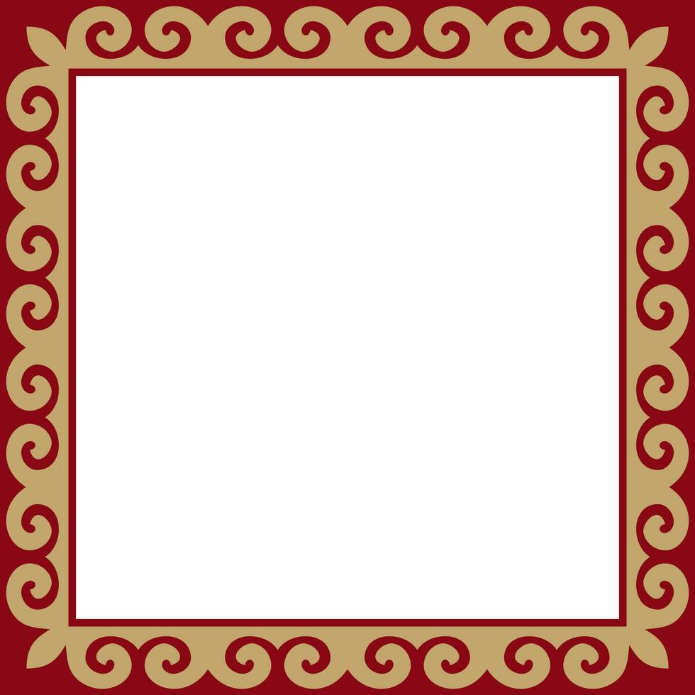 Vector red with gold Square Kazakh national ornament. Ethnic pattern of the peoples of the Great Steppe, Mongols, Kyrgyz, Kalmyks, Buryats. Square frame border..