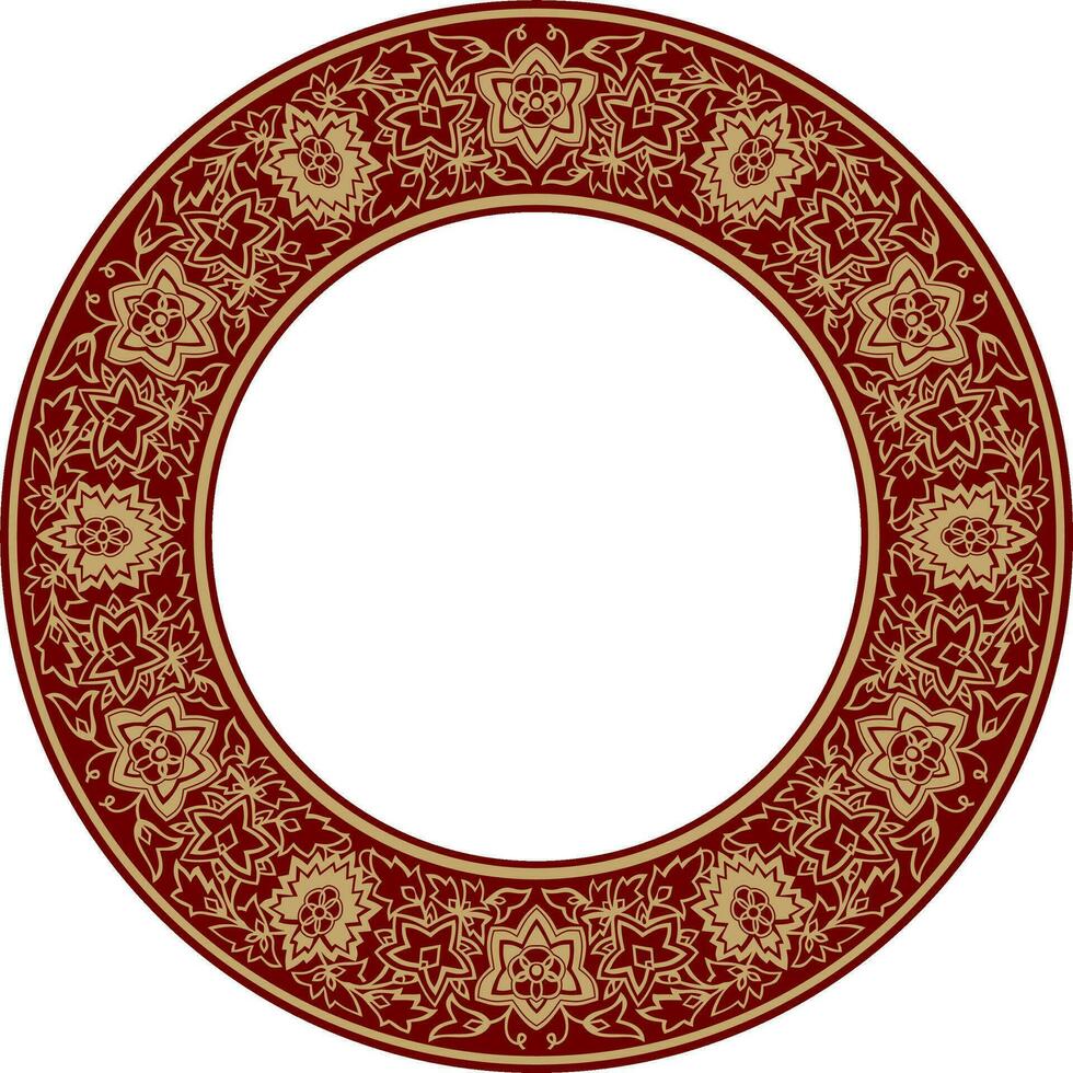 Vector round gold with red Indian national ornament. Ethnic plant circle, border. Frame, flower ring. Poppies and leaves