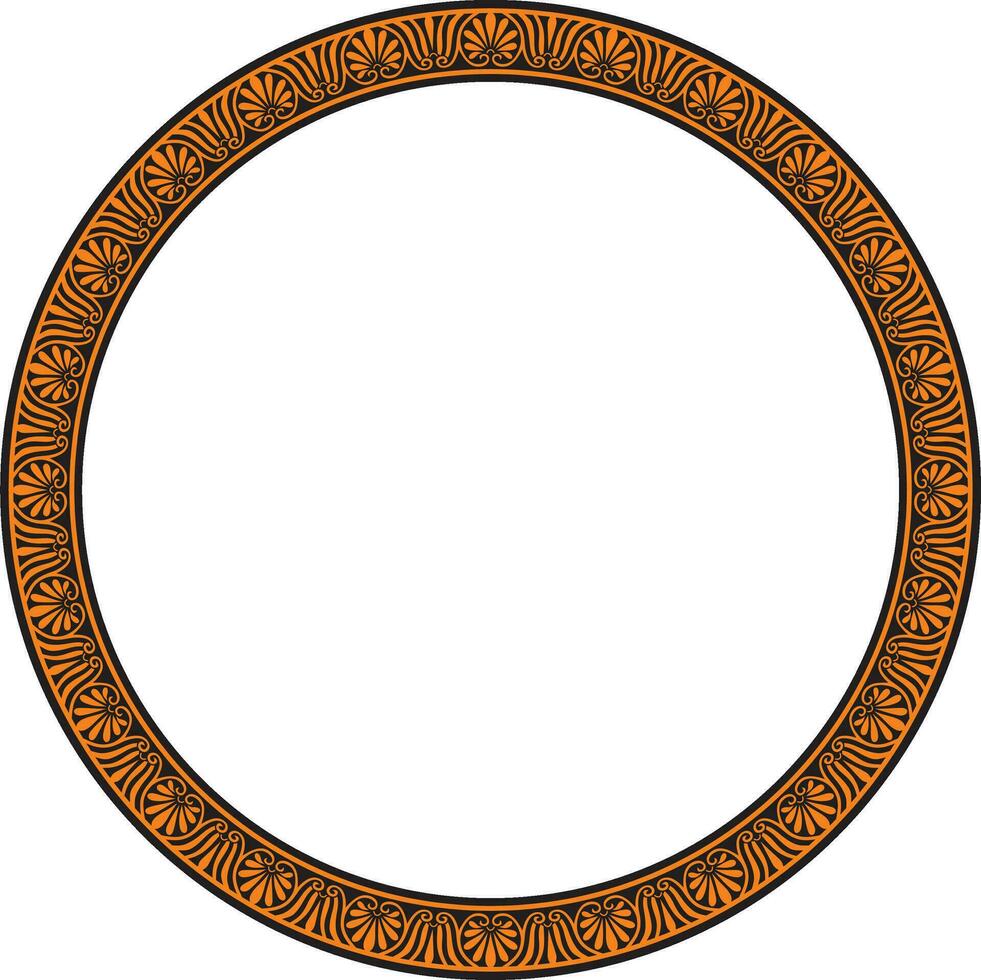 Vector orange and black round frame, border, classic Greek meander ornament. Patterned circle, ring of Ancient Greece and the Roman Empire