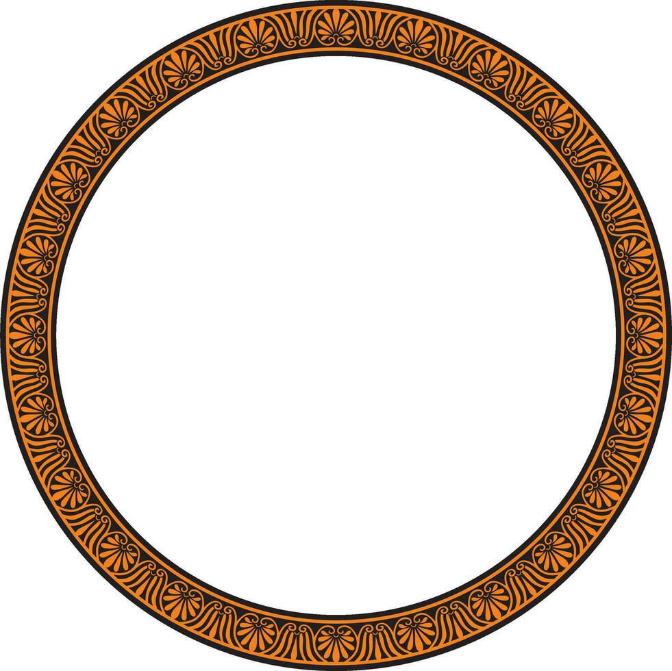 Vector orange and black round frame, border, classic Greek meander ornament. Patterned circle, ring of Ancient Greece and the Roman Empire