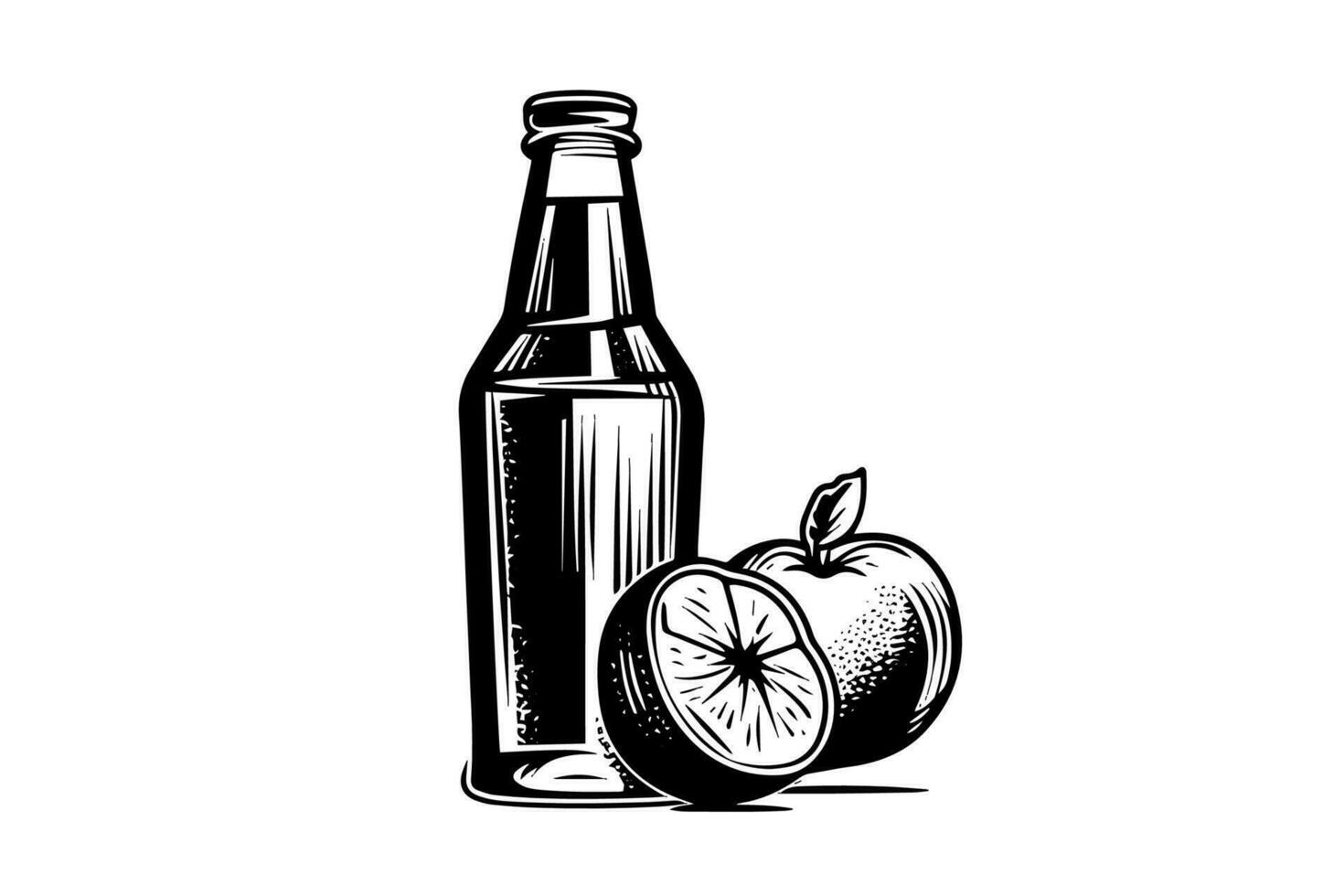 Soda bottle with apple. Ink sketch of duchesse isolated on white background. Hand drawn vector illustration.