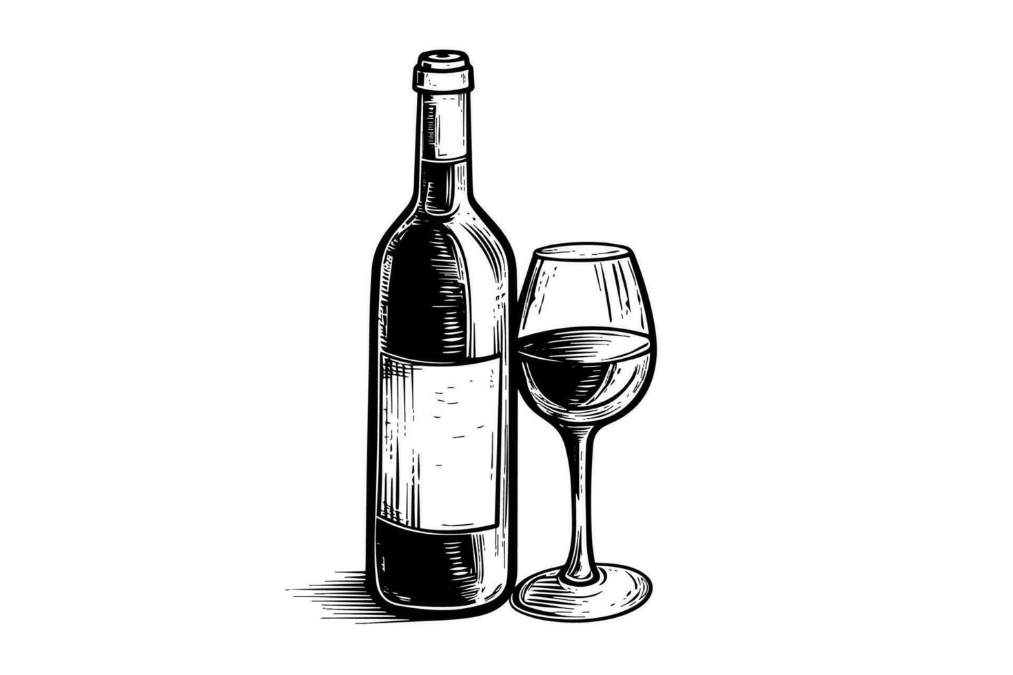 Wine bottle and glass. Hand drawn engraving sketch style vector illustrations.