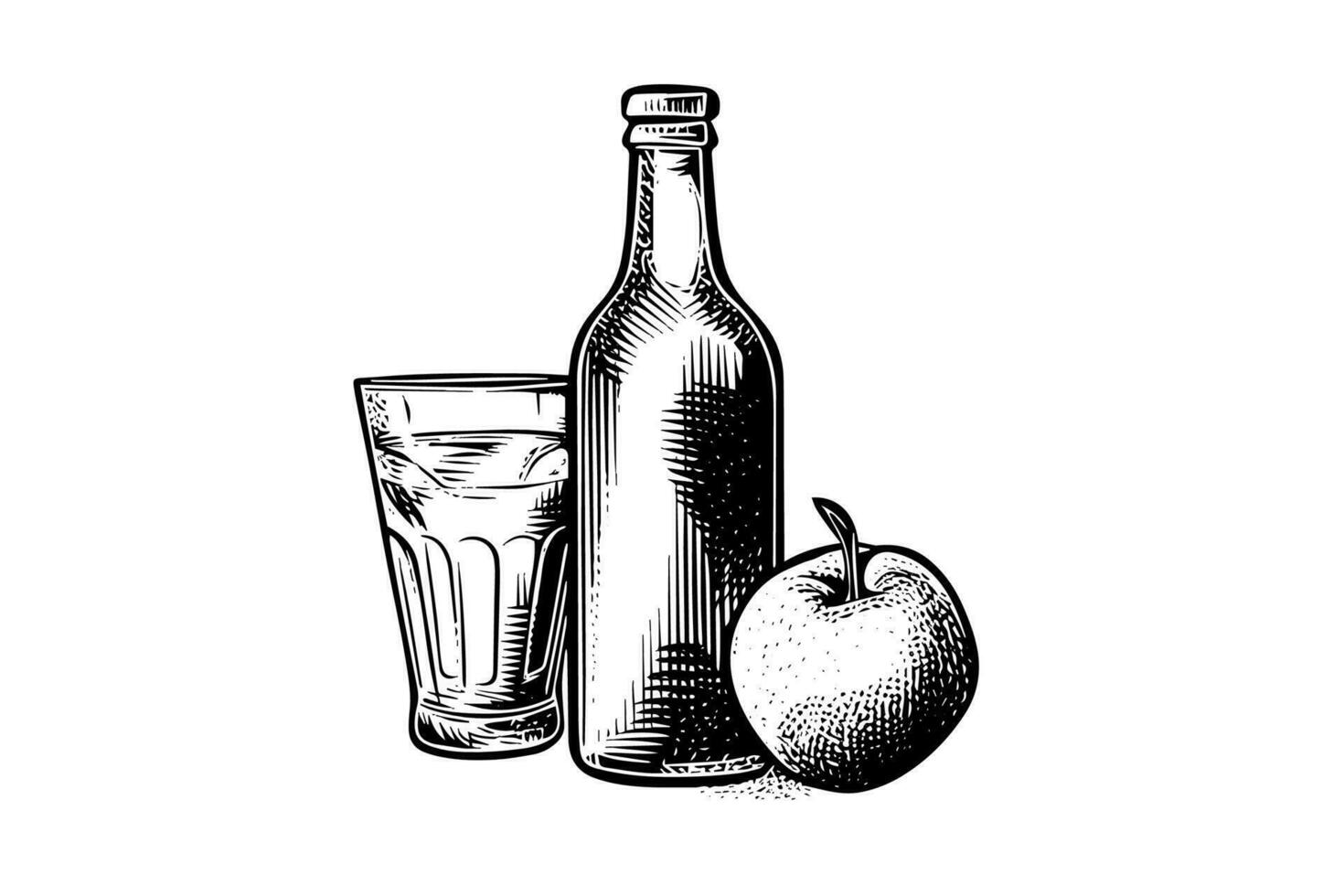 Soda bottle with glass. Ink sketch of apple cider isolated on white background. Hand drawn vector illustration.