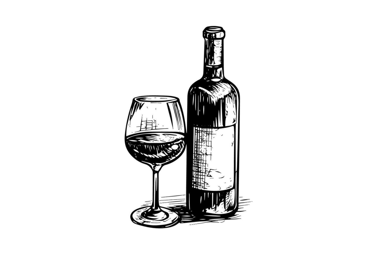 Wine bottle and glass. Hand drawn engraving sketch style vector illustrations.