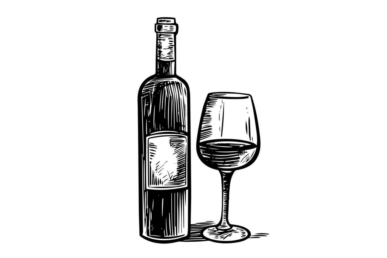 Wine bottle and glass. Hand drawn engraving sketch style vector illustrations.